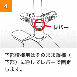 4.下部横棒用はそのまま縦棒（下部）に通してレバーで固定します。