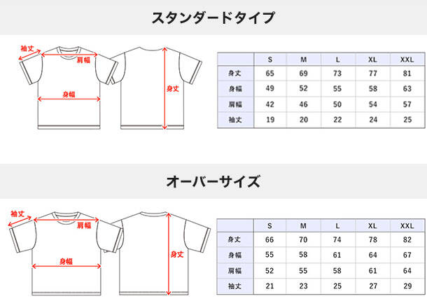 スタンダートタイプ・オーバータイプのサイズ表